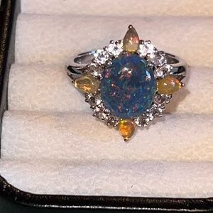 Black Ethiopian Opal Doublet Ring With White Topaz Accents 925 Size 10